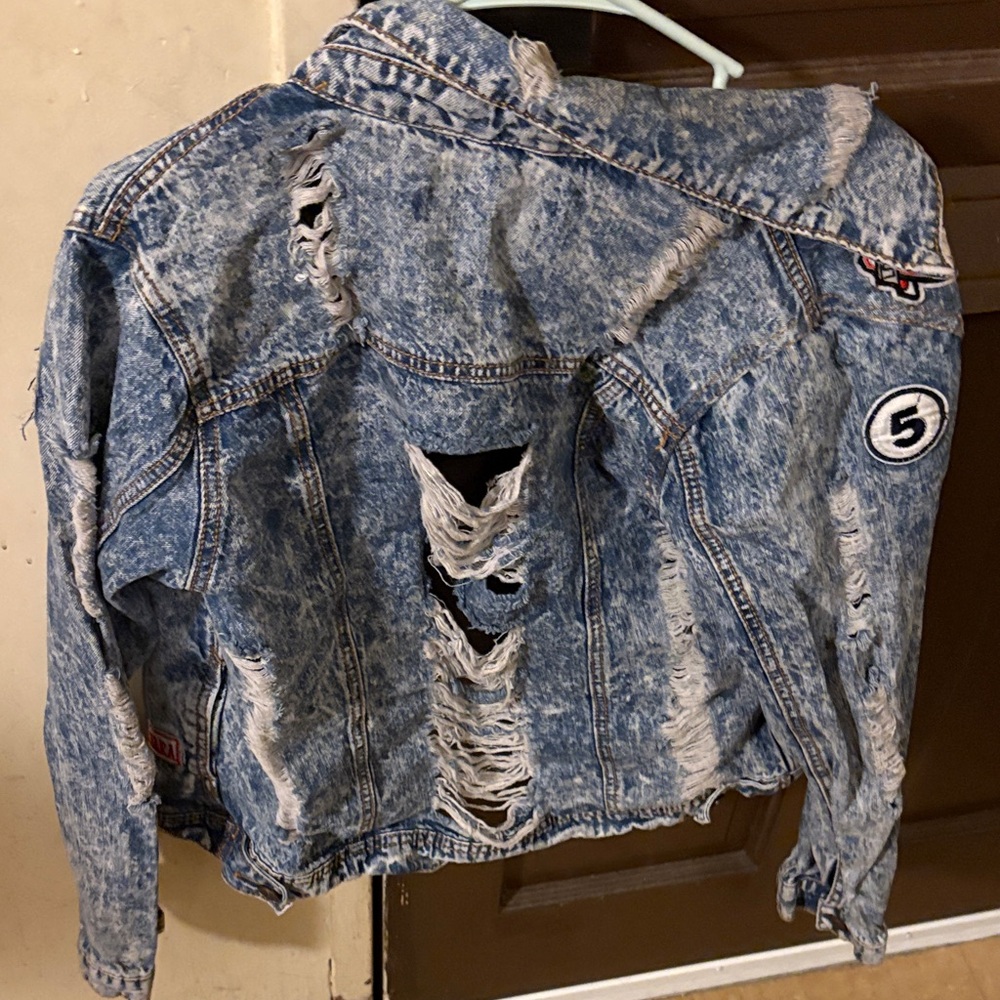 Blue Topaz Distressed Denim Jacket with Patches - Picture 2 of 4
